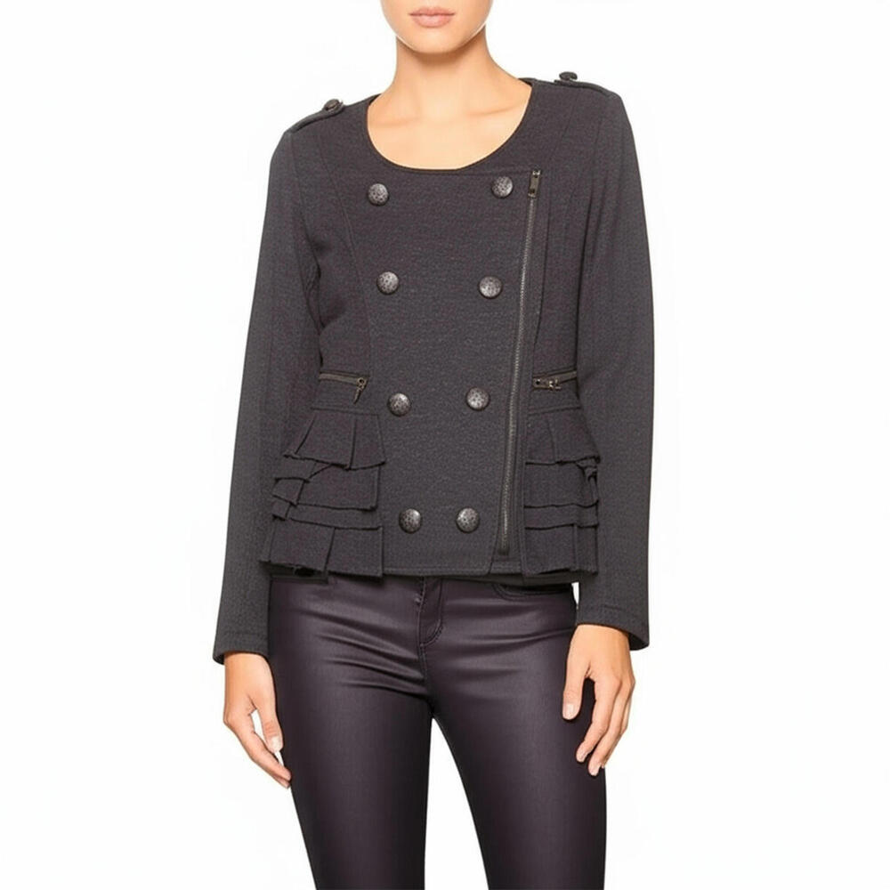 Deja Vu Jacket S Gray Military Ruffled Hem Edgy Chic